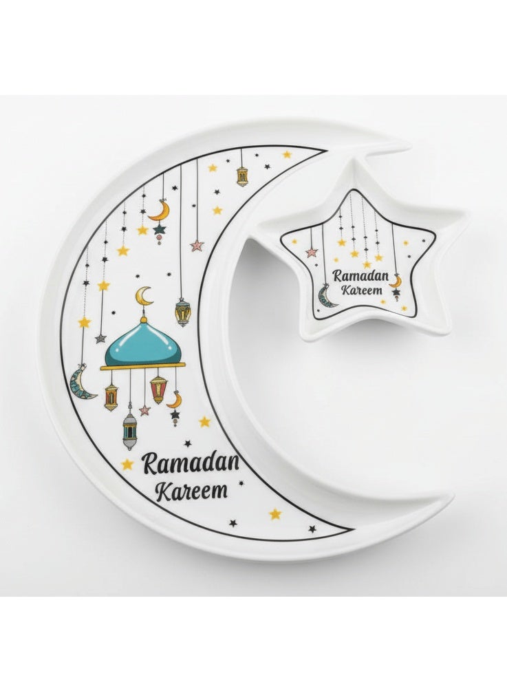 AKDC مجموعة رمضان من أكديك - طبق تقديم سيراميك أبيض بتصميم هلال ونجمة - أدوات مائدة إسلامية احتفالية، 23 سم - Image 1